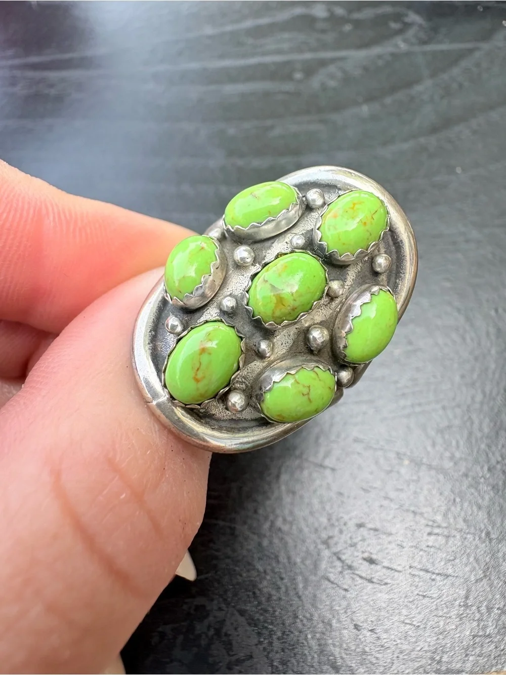 Vintage Sterling Silver Green Turquoise Cluster Ring  - Size 8.25